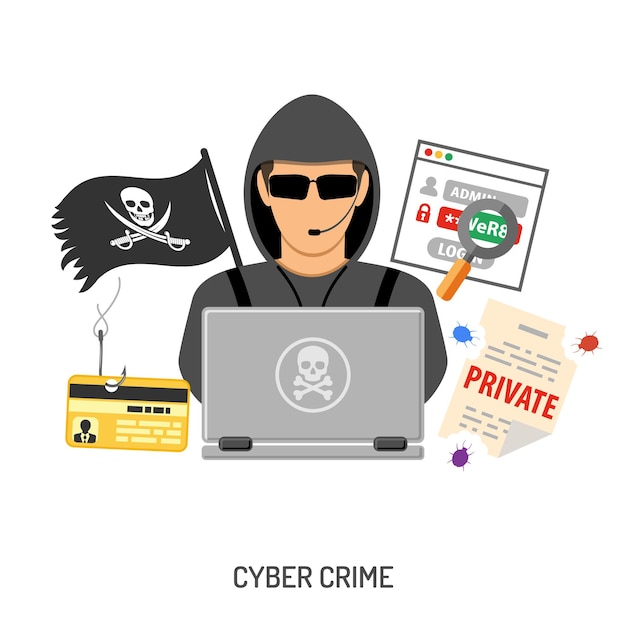 Cybercrime concept with hacker and social engineering.