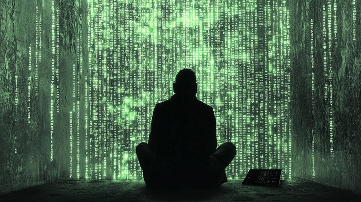 Vector cybercrime hacker and thinking at computer for virus overlay and futuristic at desk male criminal hoodie and ready for coding cyber attack and programming for malware with tech scam and data