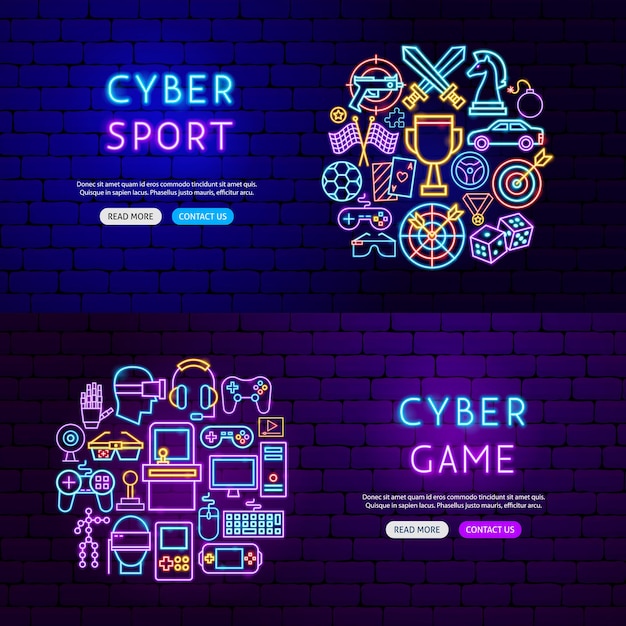 Cybergame-neonbanners. vectorillustratie van computerpromotie.