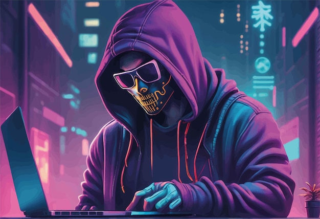 Vector cyberhacker hacker met computer cyberhacker hacker met computerhacker hacker met laptop in de