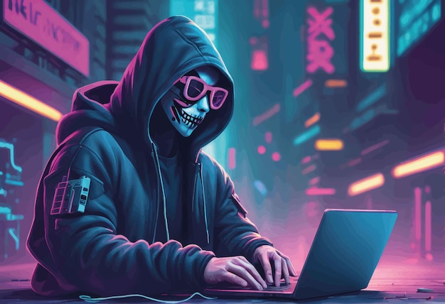 cyberhacker met computer cyberhacker met computer cyberhacker hacker in een masker cyberaanval co