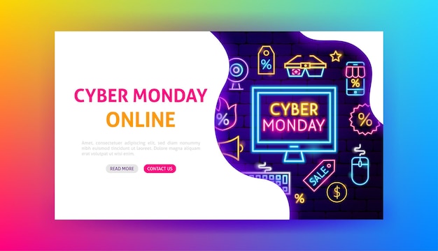 Cybermaandag Online Neon-bestemmingspagina. Vectorillustratie van Shopping-promotie.