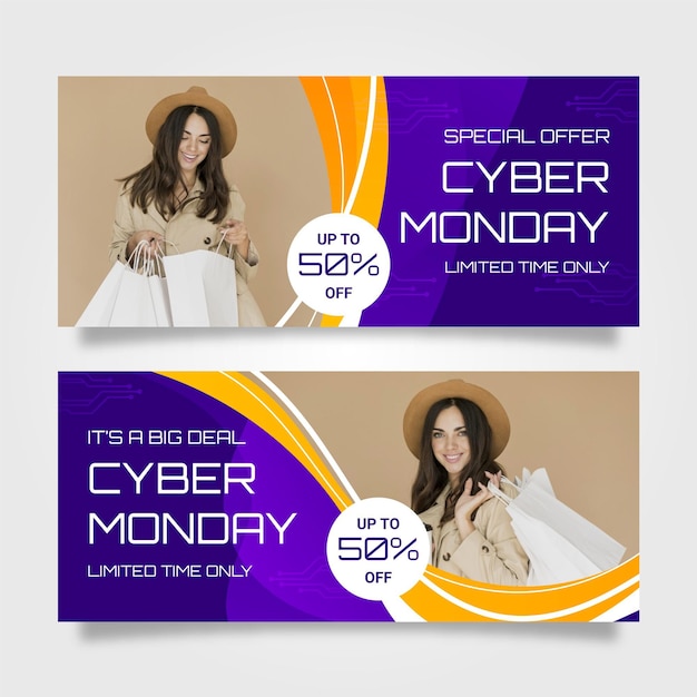 Cybermaandagbanners met foto in plat ontwerp