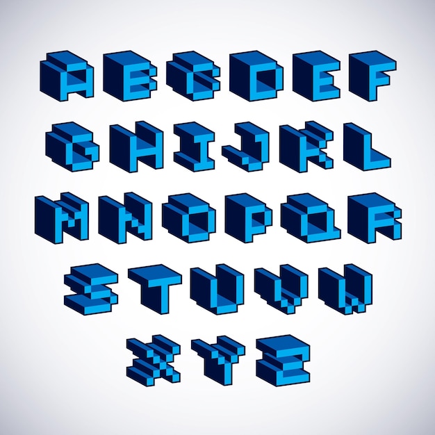 Cybernetic 3d alphabet letters, pixel art vector digital typescript. pixel design elements, contemporary dotted font made in technology style.