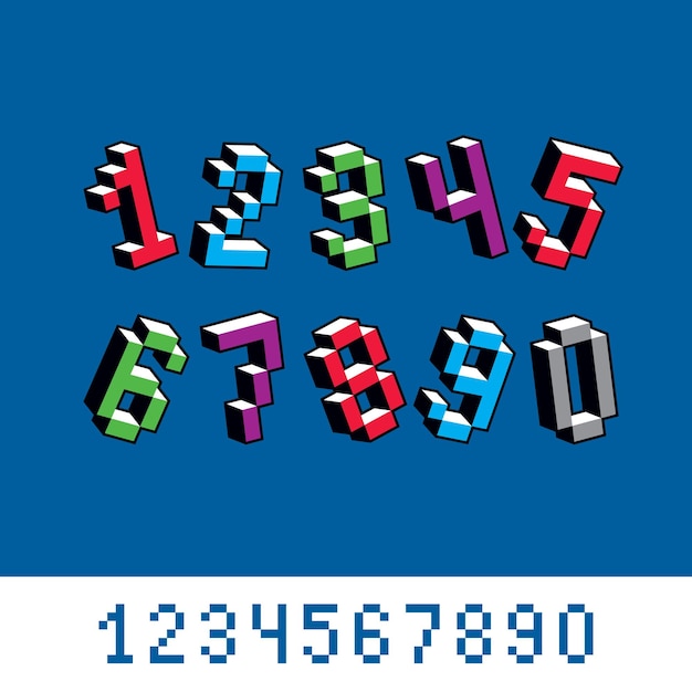 Cybernetische 3D-nummers, pixel art vector nummering. Pixelontwerpelementen, eigentijdse gestippelde cijfers gemaakt in technologiestijl.