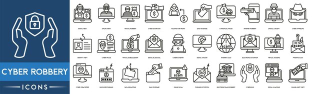 Cyberoverval icoon set Digitale overval Online diefstal Virtuele overval Cyber afpersing