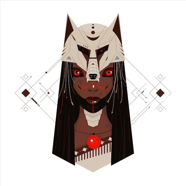 Cyberpunk black african girl with wolf headdress or mask on her head.