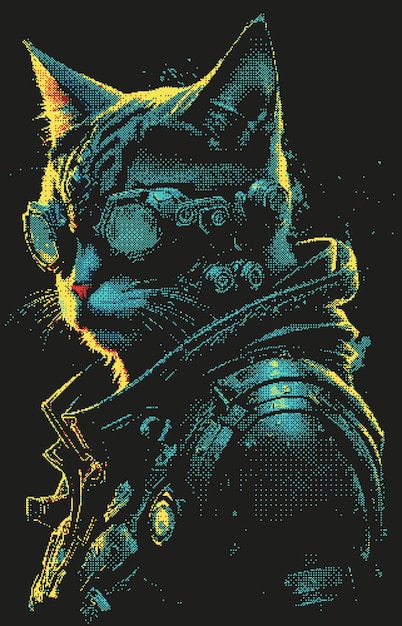 A cyberpunk cat with pixel art style vector illustration