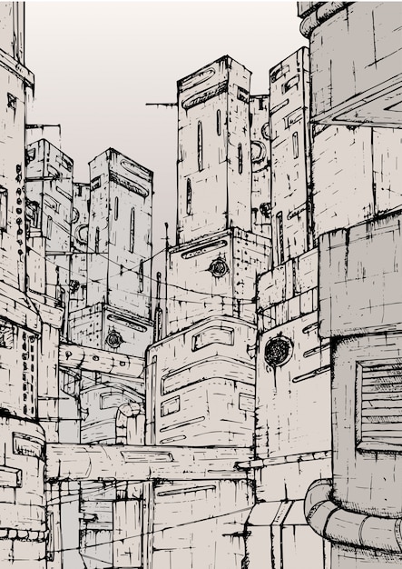 Cyberpunk city. fantastic buildings constructions. Hand drawn monochrome illustration.