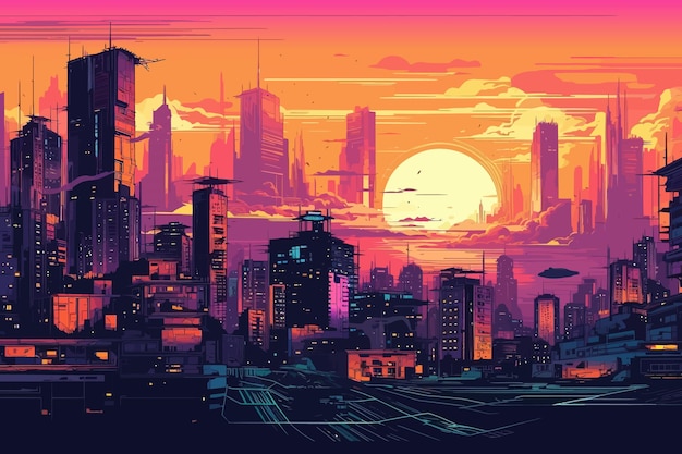 Vettore città cyberpunk città futuristica viola piatta illustrazione vettoriale