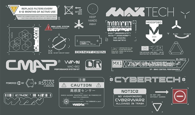 Vector cyberpunk decals set set van vector stickers en labels in futuristische stijl