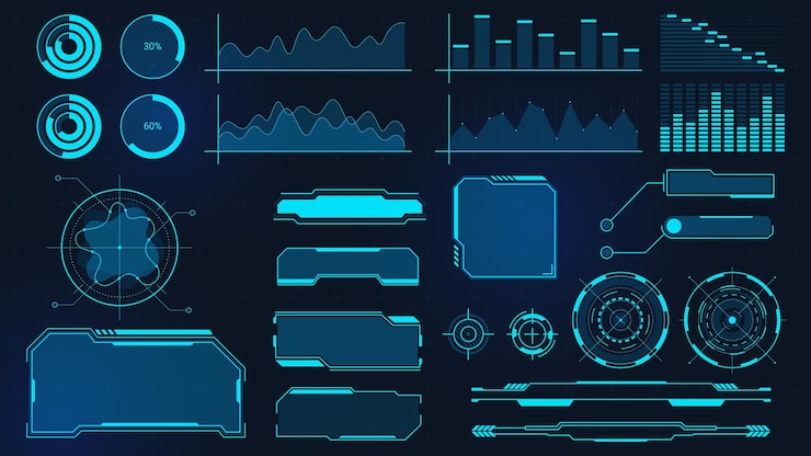 Vector cyberpunk graphs. futuristic digital charts, bars, diagrams and frames for ui, hud and gui. techno audio wave, border and button vector set. display with data for computing, virtual game