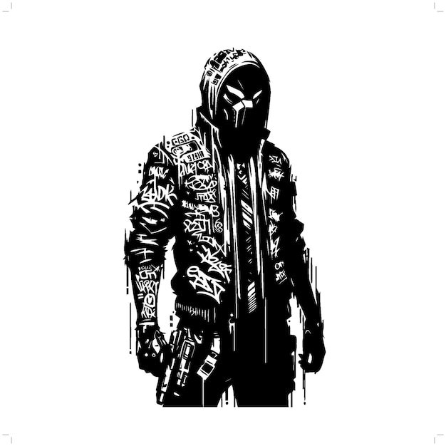 Cyberpunk guy silhouette mensen in graffiti tag hip hop straatkunst typografie illustratie