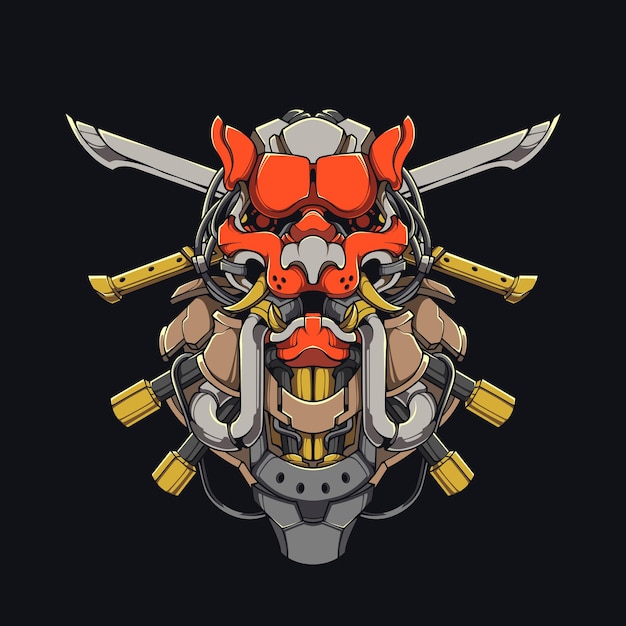 Illustrazione di cyberpunk mecha ninja lion spadaccino. design testa di leone in acciaio per vestiti e con cappuccio