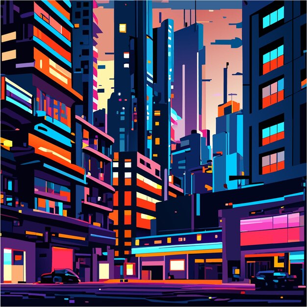 Vector cyberpunk pixel art dreamscape city of glitches