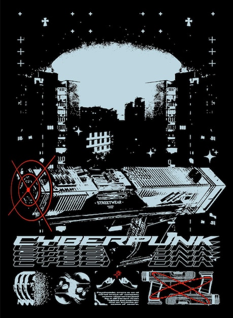 Vector cyberpunk-poster met geweer en nachtstad abstracte print met ruis voor streetwear-print voor t-shirts