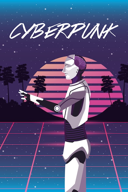 Cyberpunk poster met humanoïde robot