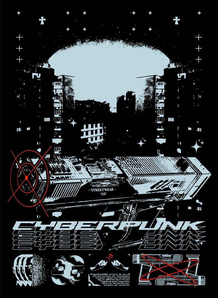 Vector cyberpunk poster with gun and night city abstract print with noise for streetwear print for tshirts