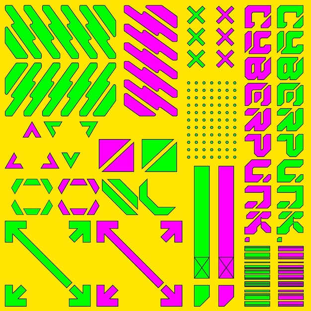 Vector cyberpunk scifi gaming seamless pattern sticker template with collection set 2d vector illustration