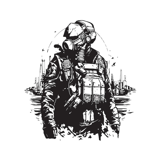 Cyberpunk soldier city warfare vintage logo line art concept black and white color hand drawn illustration