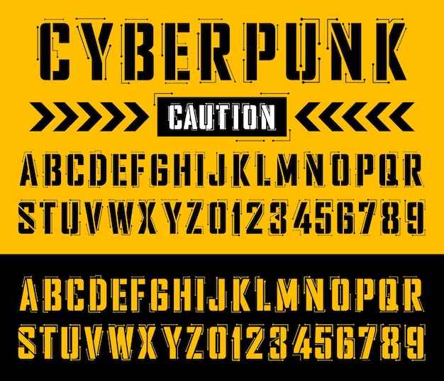 Cyberpunk technological font Tech letters and numbers Futuristic cyberpunk typeface