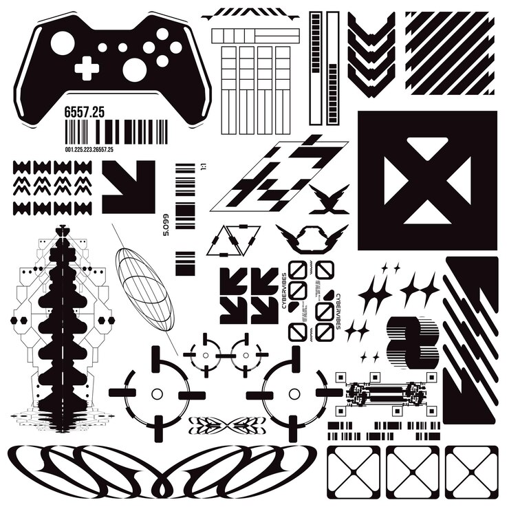 Vector cyberpunk y2k 2000s gaming futuristic icon pattern set collection template hud for branding fashion tshirt decoration decals 2d illustration rendering vector