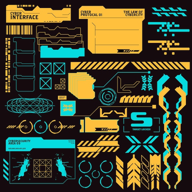 Cyberpunk y2k 2000s gaming futuristische icon patroon set collectie sjabloon hud voor branding mode t-shirt decoratie decals 2d illustratie rendering vector