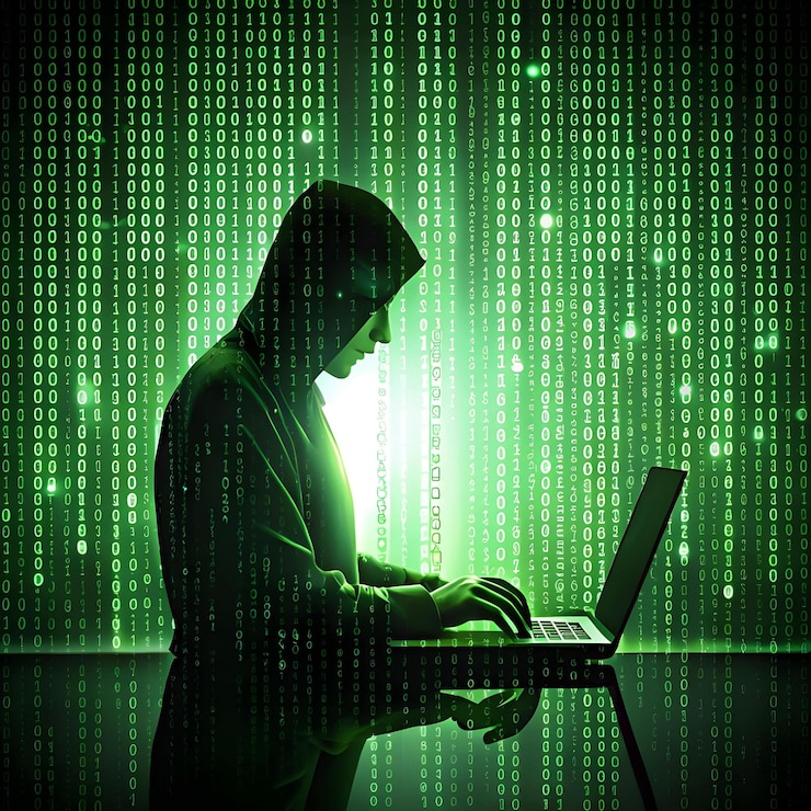 Vector cybersecurity background with cascading green binary code with hacker silhouette typing