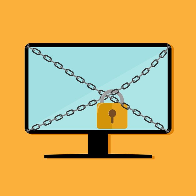 Cybersecurity computer monitor tied with a chain with a lock