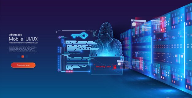 Cybersecurity Digital Interface with Holographic Projection and Server Racks Showcasing a user interface for mobile app development with digital security elements and futuristic server background