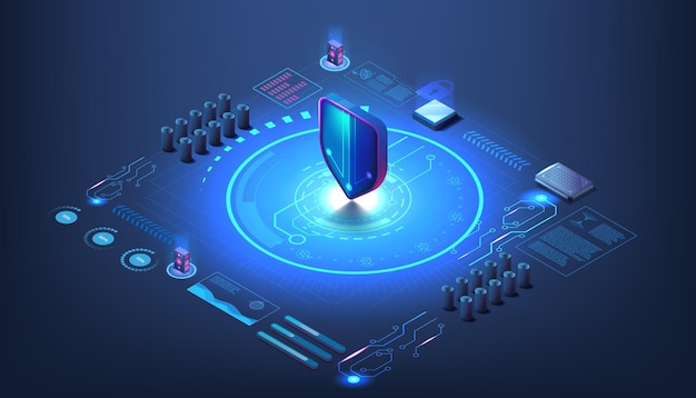 Cybersecurity Digitale schild Ransomware DDoS encryptie WAF bescherming Isometrische netwerk informatie veiligheid Computer beveiligd web systeem Malware aanval Vector illustratie concept
