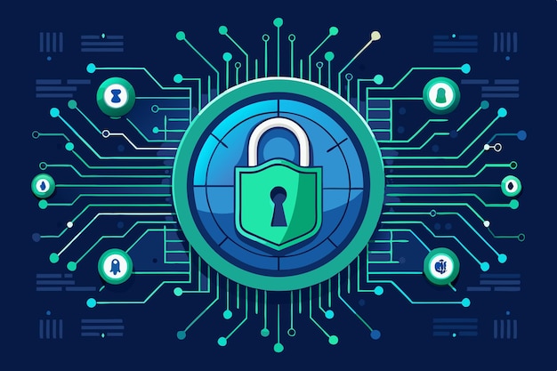 cybersecurity lock and binary code background with tech circuit patterns