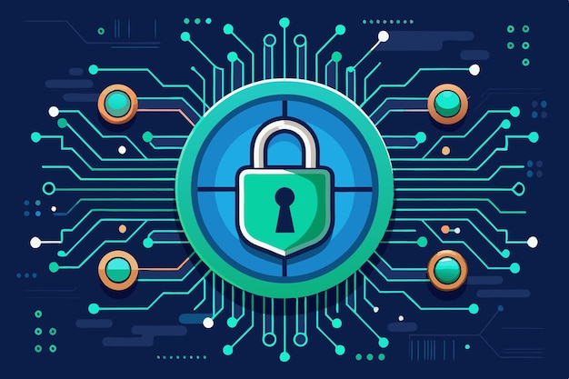 cybersecurity lock and binary code background with tech circuit patterns