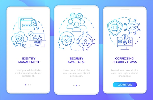 Schermata dell'app mobile onboarding con gradiente blu di gestione dei rischi per la sicurezza informatica