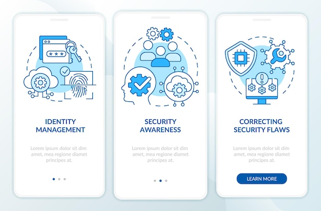 Schermata dell'app mobile di onboarding blu per la gestione del rischio di sicurezza informatica