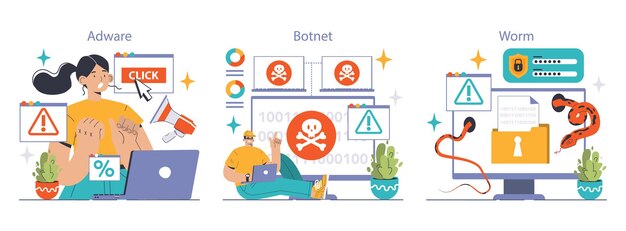 Vector cybersecurity set protecting data from threats users confronting various malware types virus