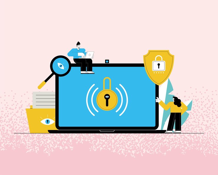 Vector cybersecurity technology users in laptop