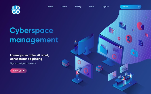 Cyberspace-beheerconcept 3d isometrische webbestemmingspagina Mensen uploaden en overbrengen bestanden beheren