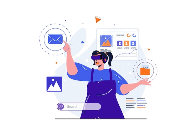 Cyberspace modern flat concept for web banner design Happy woman in VR glasses touching buttons