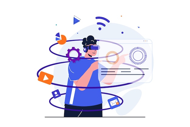 Cyberspace modern plat concept voor webbannerontwerp man in vr-bril verkent augmented reality