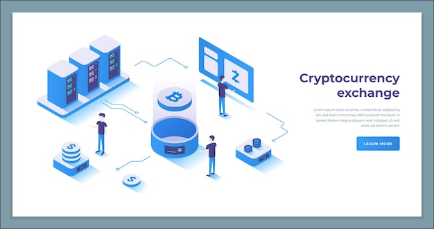 Tecnologia di mercato del cyberspazio criptovaluta che analizza il vettore isometrico della fattoria mineraria bitcoin