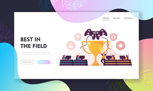 Cybersport, e-games tournament landing page template. people characters team of cybersport players in headsets playing electronic game online