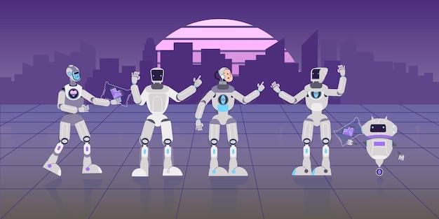 Vector cyborg ai city composition with flat retrowave style artwork cityscape robots and people in robotic costumes vector illustration