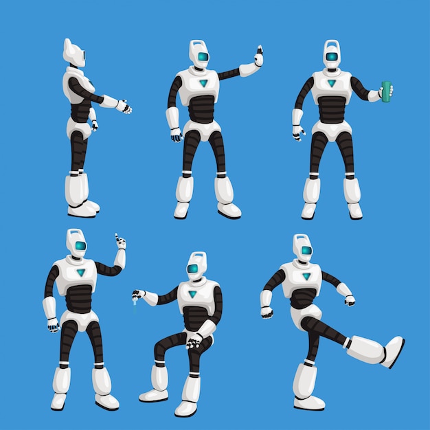 Cyborg in different poses set on blue