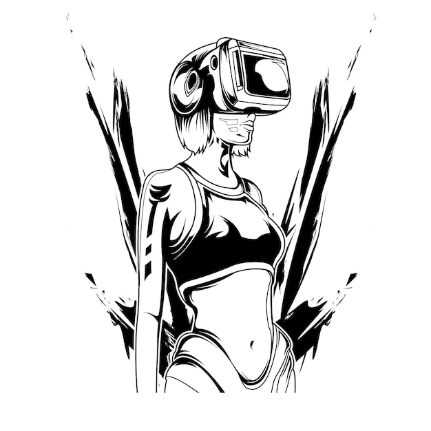 cyborg girl sketch black and white