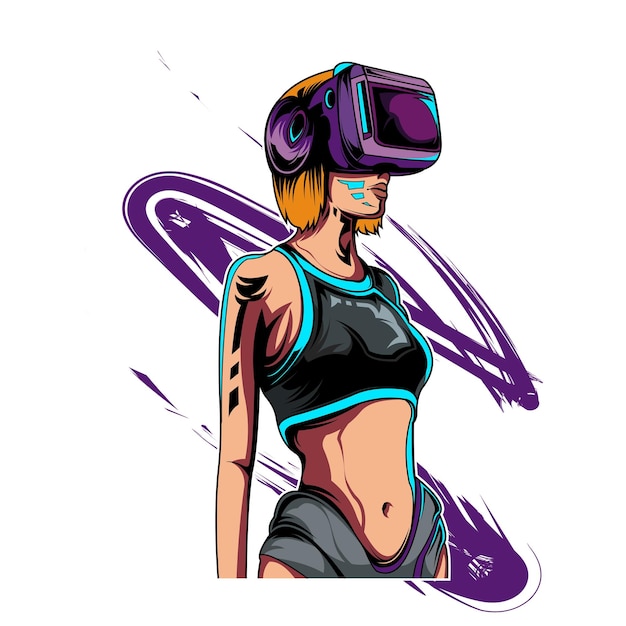 Vector cyborg girl wearing vr