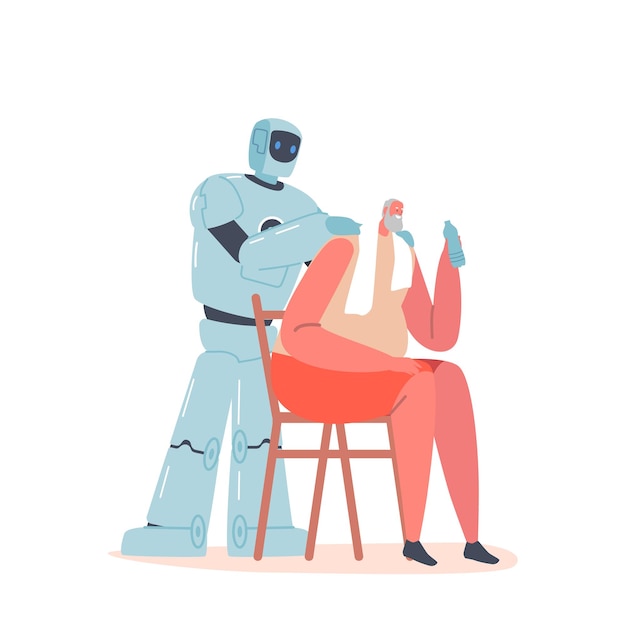 Cyborg che massaggia le spalle dell'uomo anziano seduto sulla sedia che beve acqua in bottiglia dopo l'allenamento sportivo assistenza robotica agli anziani aiuta a personaggi anziani cartoon people vector illustration