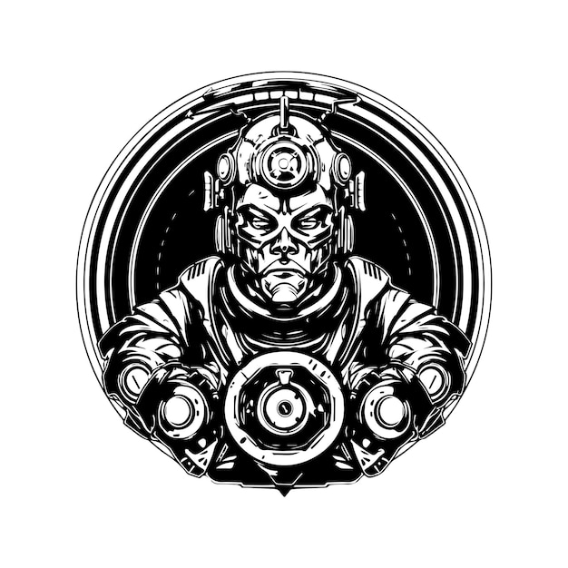 Cyborg master vintage logo line art concept black and white color hand drawn illustration