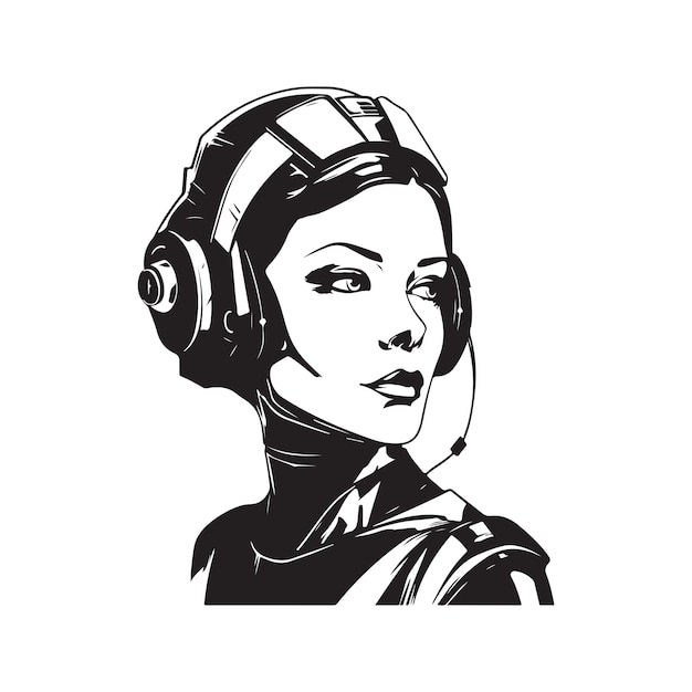 Cyborg meisje vintage logo lijntekeningen concept zwart-witte kleur hand getekende illustratie
