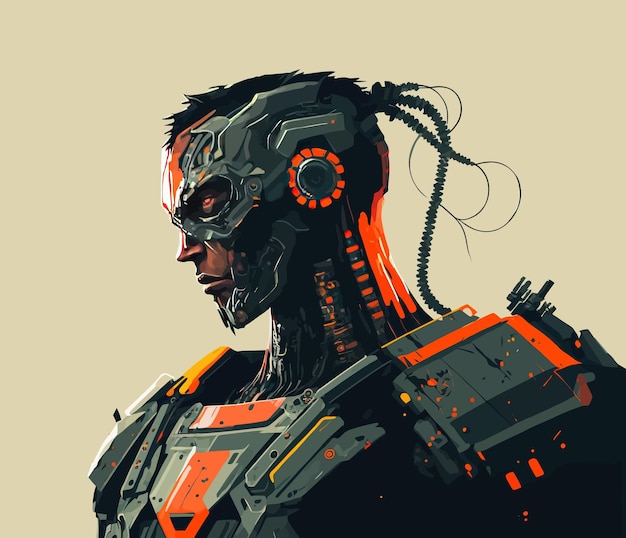 サイボーグ ポスター ポートレート 未来 サイエンス フィクション 開発 生成的 AI 赤 デジタル ゲーム キャラクター 名誉 勇気 戦場 輝き 想像力 アート コンセプト ベクトル イラスト
